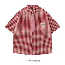 From Mars 红色光芒 学院风格子领带男女小众宽松百搭短袖衬衫BF