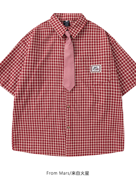 From Mars 红色光芒 学院风格子领带男女小众宽松百搭短袖衬衫BF