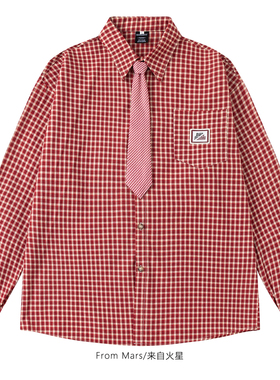 From Mars 撑起自信 街头痞帅红色格子领带学院风宽松长袖衬衫BF