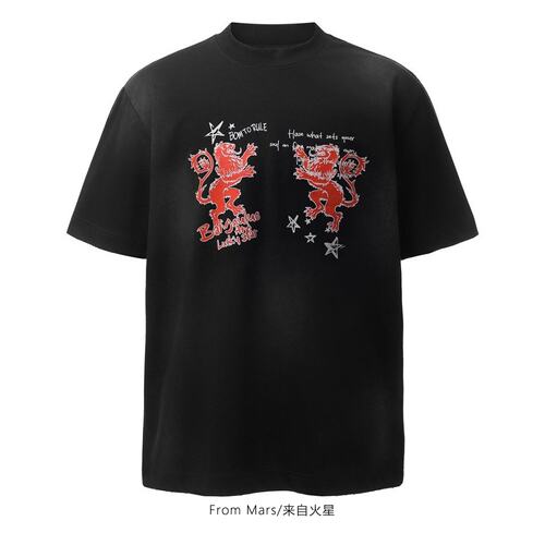 狮子涂鸦双狮印花短袖T恤宽松