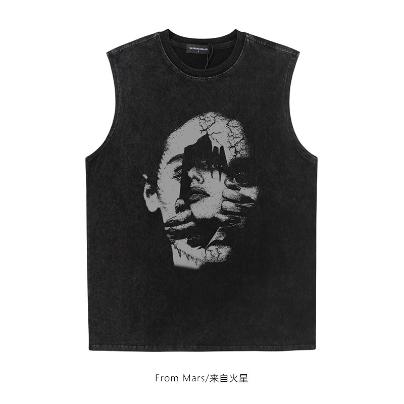 From Mars 分裂人格 欧美暗黑系人物印花无袖T恤宽松做旧水洗背心