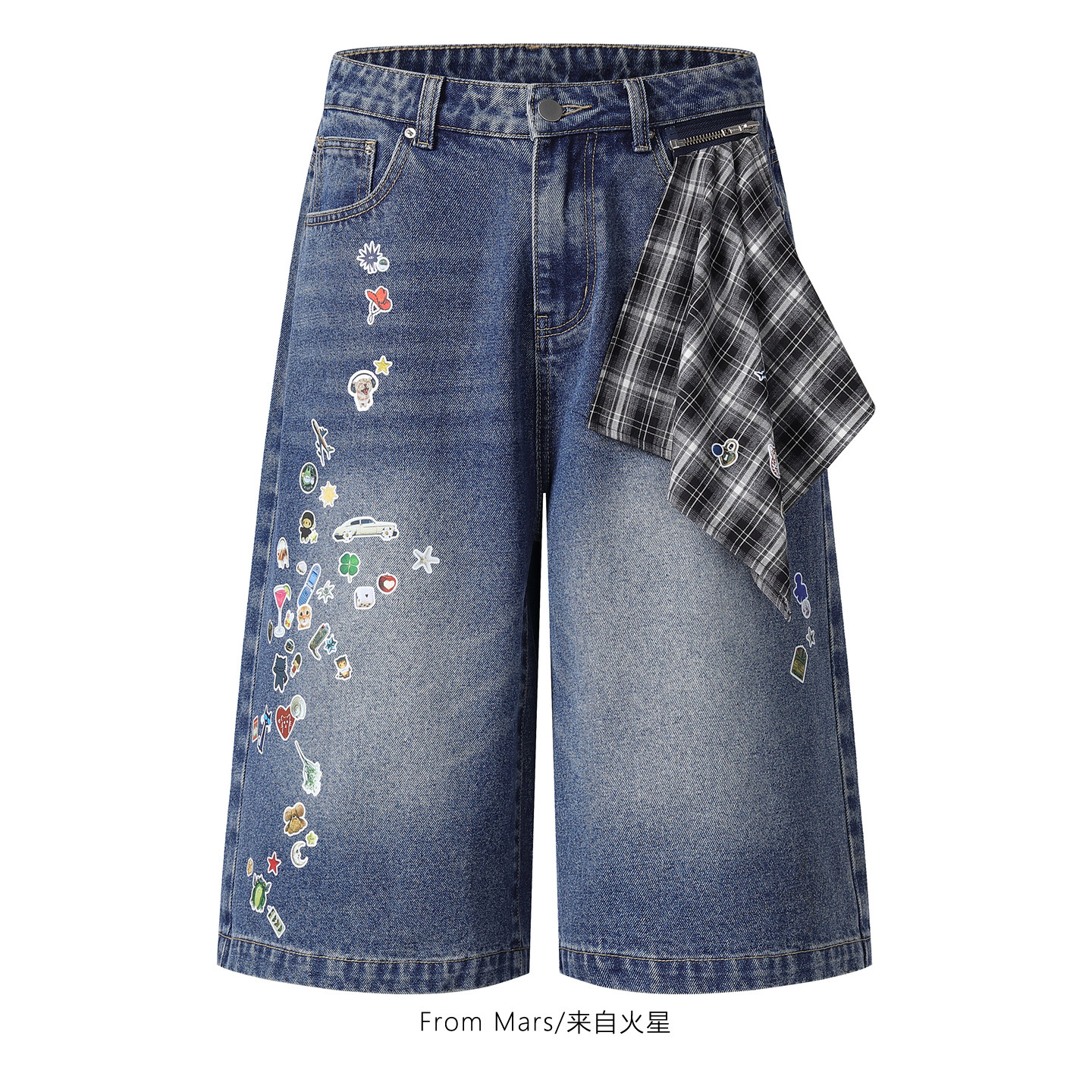 From Mars 贴纸印 花七分牛仔裤男女夏季宽松可拆卸方巾阔腿短裤,男装,短裤,淘宝优惠券,粉丝福利购,淘宝优惠卷