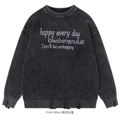 破洞设计感宽松字母印花情侣毛衣