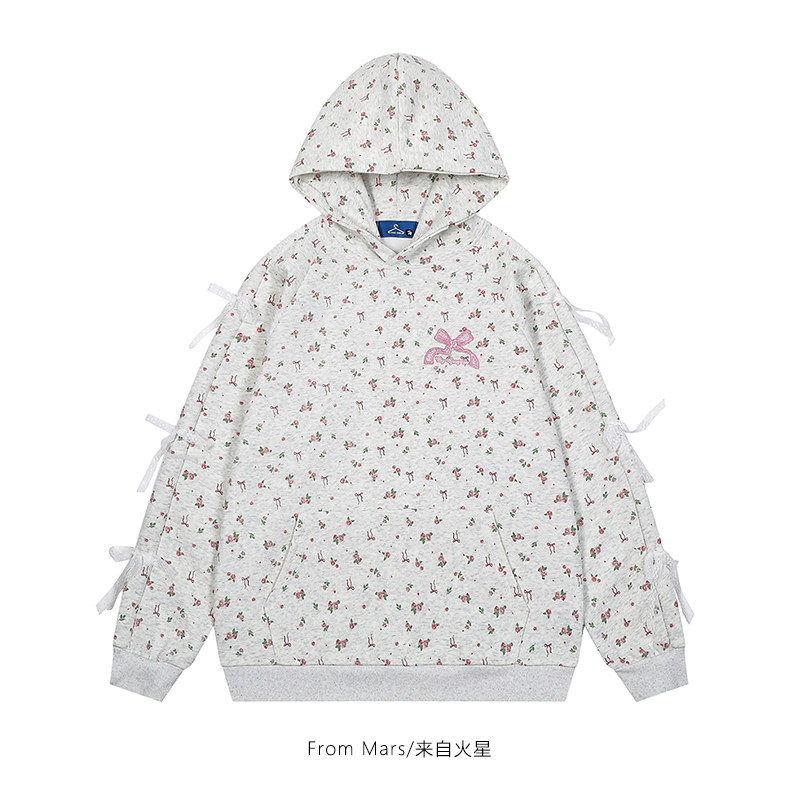 From Mars 下次再见 日系蝴蝶结碎花连帽套头卫衣宽松上衣情侣ins