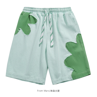 日系原宿花朵撕裂拼接小众设计潮ins撞色百搭情侣短裤 From Mars