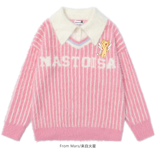 From Mars 慵懒下午 日系甜美撞色假两件宽松翻领针织衫毛衣女BF