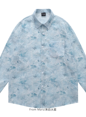 From Mars 慵懒风蓝色 休闲宽松印花长袖衬衫日系复古学院风衬衣