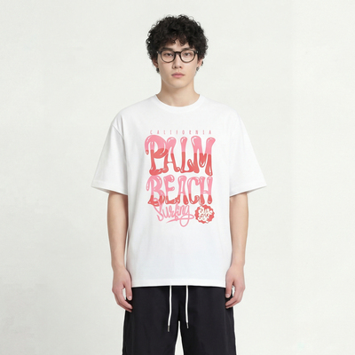 加州冲浪风印花T恤粉黑撞色宽松