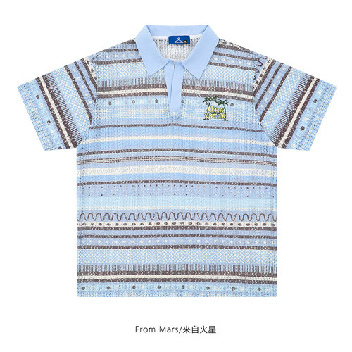 不用担心条纹针织Polo领短袖T恤