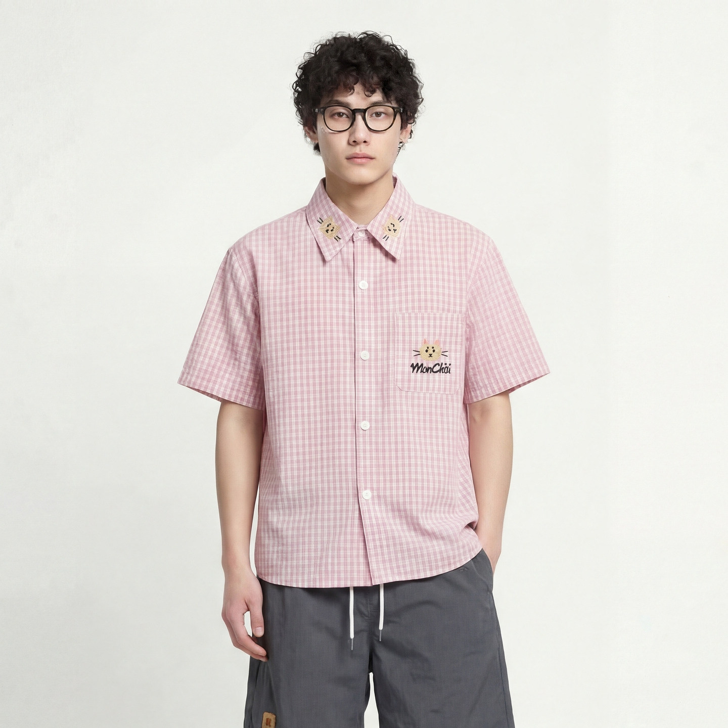 From Mars 粉格猫绣 学院风短袖口袋刺绣宽松休闲衬衣百搭BF夏季