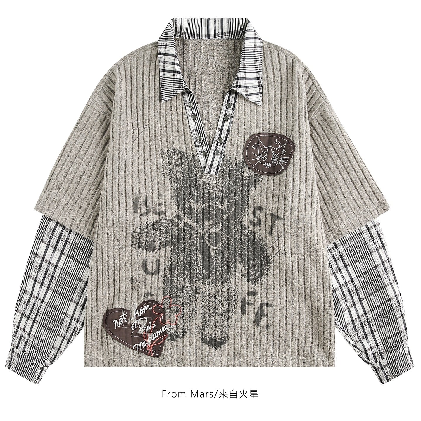 From Mars 足够清醒 甜酷风bf假两件宽松休闲V领男女长袖卫衣秋冬