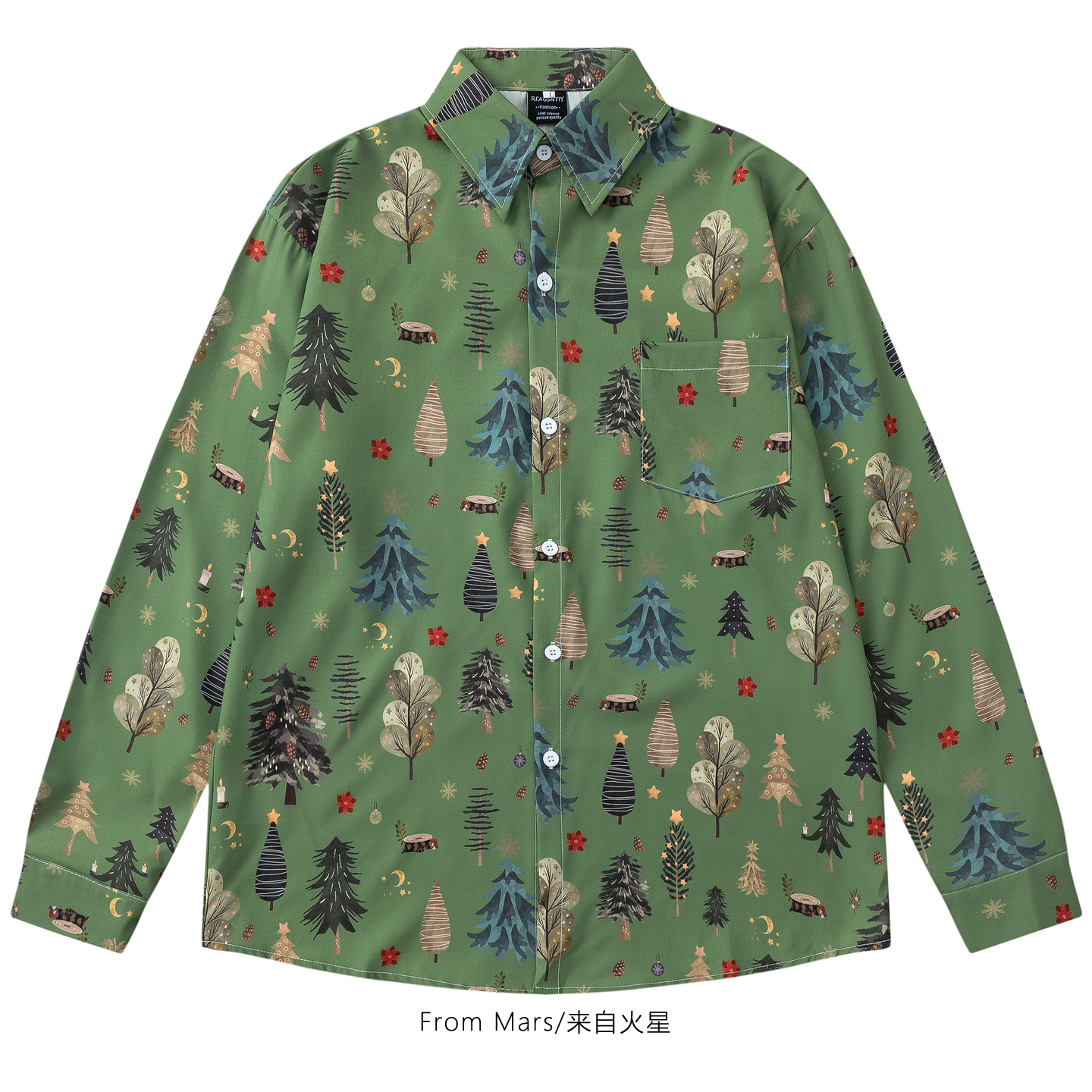 植物满印慵懒宽松翻领长袖衬衫