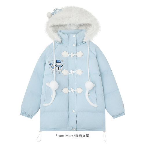 一起堆雪人刺绣中长款棉衣外套