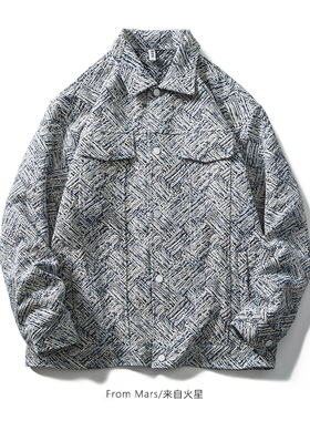 From Mars白色雪花 复古做旧字母刺绣牛仔夹克潮牌宽松bf情侣外套