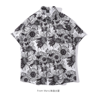 潮牌宽松夏威夷风衬衫 From 黑白素描艺术感短袖 独白 Mars向日葵