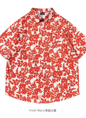 From Mars 红色花海 潮牌夏季花卉满印轻薄宽松休闲男女短袖衬衫