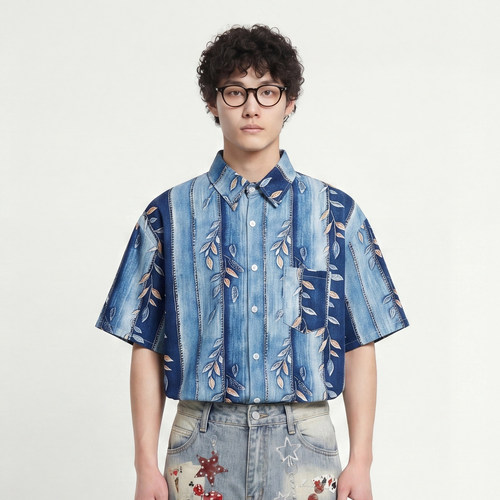 树叶竖纹短袖衬衫宽松百搭夏季