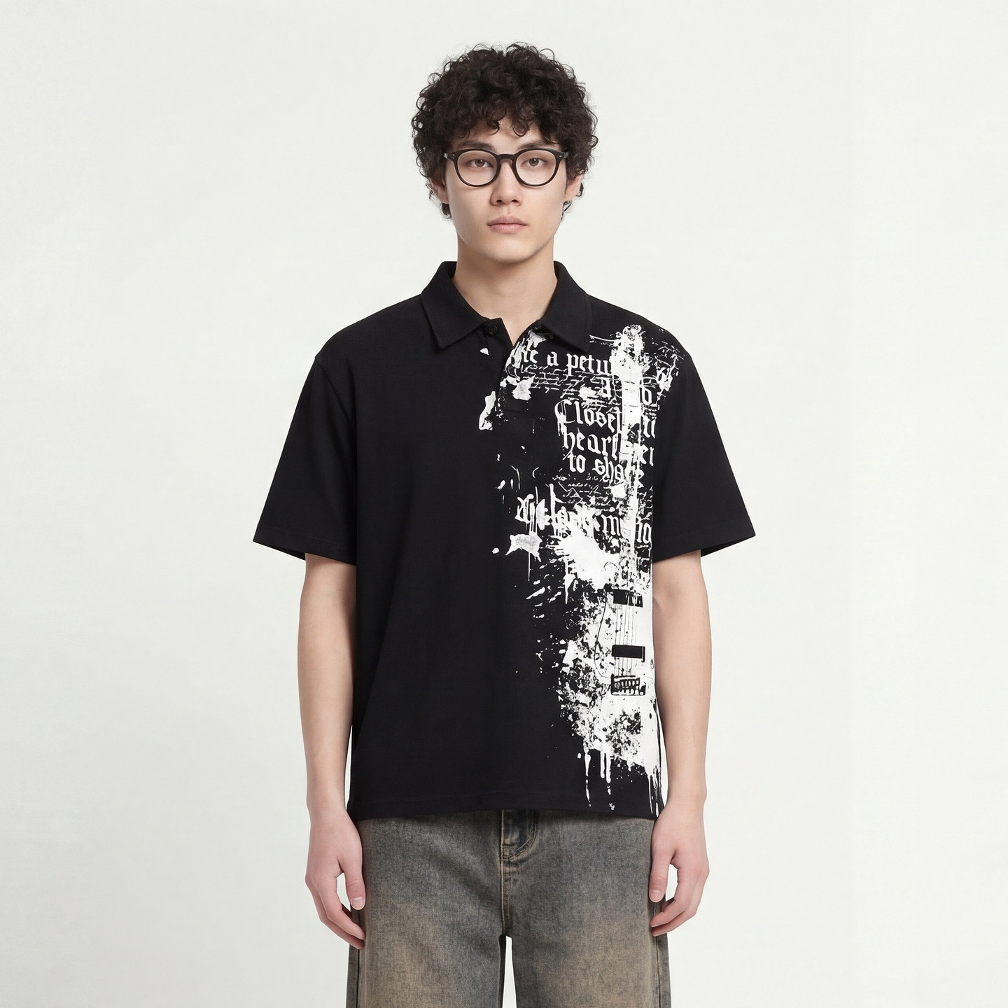 From Mars 英文泼墨 摇滚吉他polo衫复古做旧英文印花宽松短袖T恤