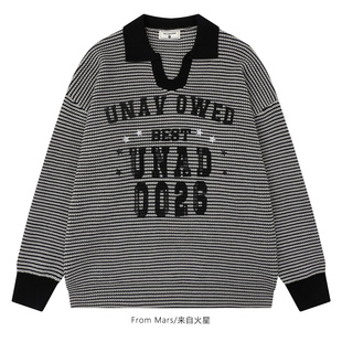 From Mars 奔赴所喜 国潮复古条纹字母宽松Polo领毛衣女慵懒百搭