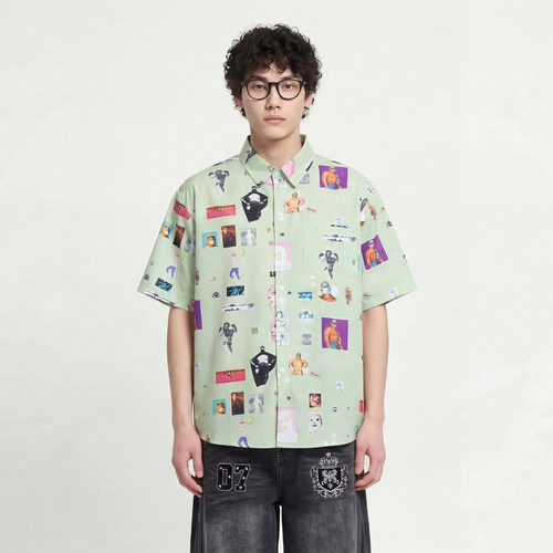 趣味人像拼贴宽松短袖衬衫休闲