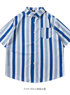 From Mars 永恒的希望 潮牌街头蓝色竖条纹短袖衬衫宽松休闲男女
