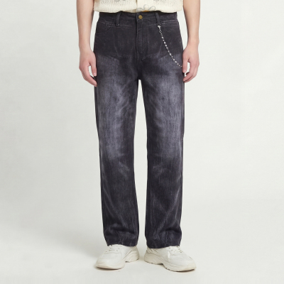 水钻链条宽松直筒拖地牛仔裤BF