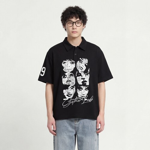 多面人脸做旧印花polo衫潮数字