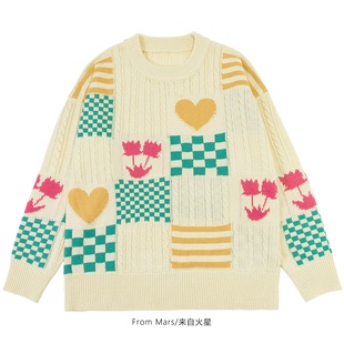 From Mars 随风而去 原宿风休闲复古慵懒拼接套头圆领宽松毛衣BF