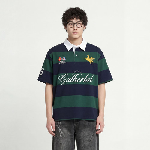 飞马刺绣条纹Polo衫撞色领宽松