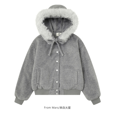 无事放空毛领宽松加厚连帽棉衣