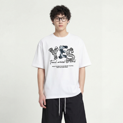 线条字母YES圆领T恤宽松半袖