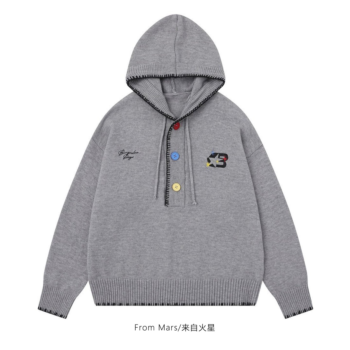 纽扣宽松情侣针织衫连帽毛衣百搭