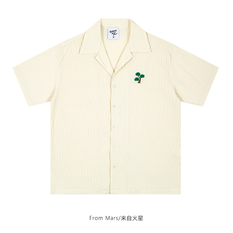 From Mars 一棵大树 日系四叶草情侣衬衣随性休闲慵懒短袖上衣bf