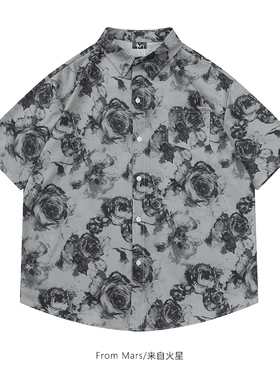 From Mars灰色玫瑰 美式复古花卉满印短袖衬衫设计感休闲宽松衬衣