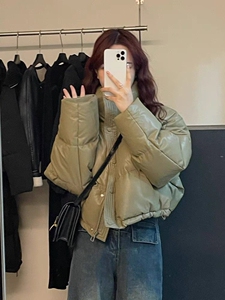 短款免洗PU皮棉衣女小众设计感宽松面包服羽绒棉服小个子加厚外套