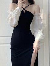 针织吊带小黑裙修身 复古性感连衣裙女春季 高开叉裙子 新款 纯欲法式