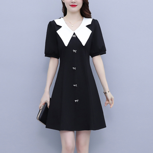 RY1509#大码女装法式娃娃领拼接短袖连衣裙收腰显瘦胖mm赫本风炸街短裙夏