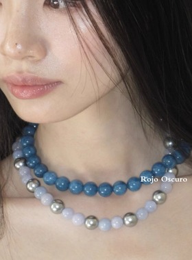 天然玉髓海蓝宝色纯银项链女