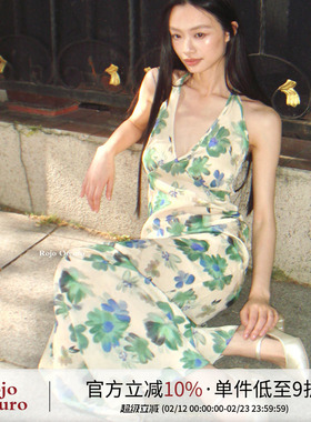 Rojo Oscuro智惠美人挂脖肌理感性感V领度假绿色印花鱼尾连衣裙夏