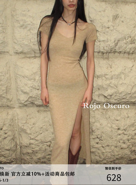 Rojo oscuro智惠美人康宝莱羊毛高开衩织短袖修身温柔约会连衣裙