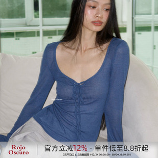 Rojo oscuro智惠美人薄纱针织穿打底衫系带正反面喇叭袖修身上衣