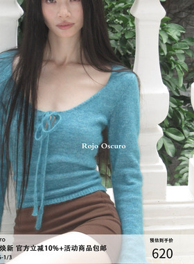 Rojo Oscuro智惠美人 康宝莱马海毛复古琉璃蓝系带喇叭袖套头毛衣