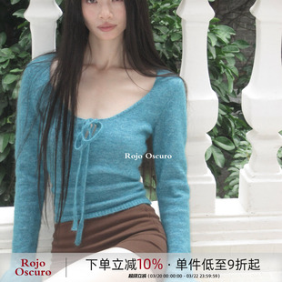 Rojo Oscuro智惠美人 康宝莱马海毛复古琉璃蓝系带喇叭袖套头毛衣