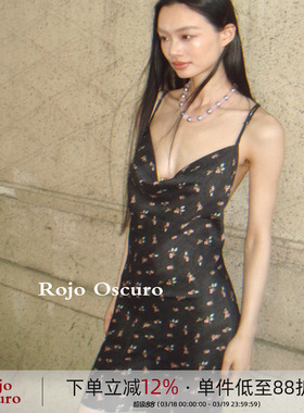 Rojo Oscuro智惠美人深露背荡领叠穿风吊带性感黑色碎花连衣裙女