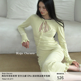 Rojo oscuro智惠美人鹅黄醋酸羊毛水滴领系带性感露背连衣长裙秋