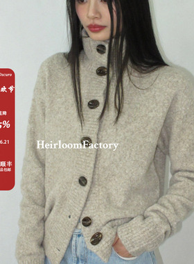 Heirloom 复古立领美丽奴羊毛牛角扣长袖外套女秋冬气质毛衣开衫