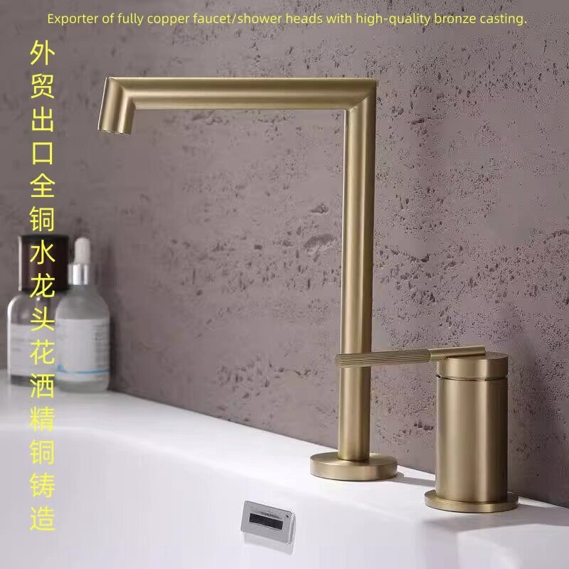 外贸进出口面盆水龙头拉丝镍全铜双孔分体水龙头冷热浴室柜台盆