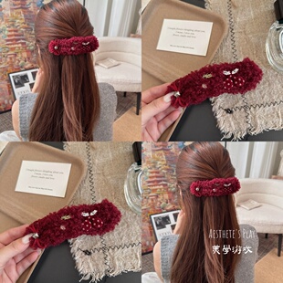 新年红色羊羔毛樱桃懒人夹可爱蝴蝶结发夹后脑勺盘发大号鸭嘴夹
