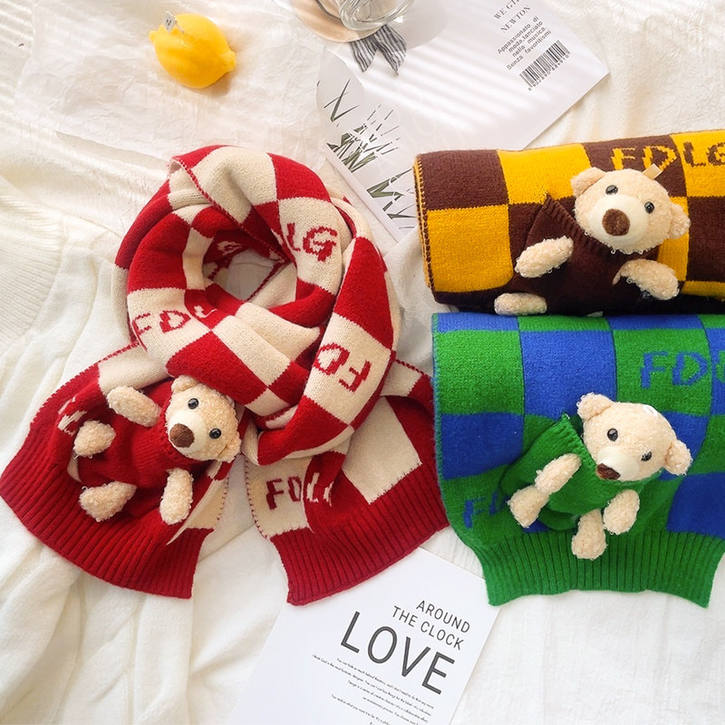 可爱格子小熊玩偶围巾女冬季韩版ins潮学生情侣个性保暖毛线围脖,服饰配件/皮带/帽子/围巾,围巾/丝巾/披肩,淘宝优惠券,粉丝福利购,淘宝优惠卷