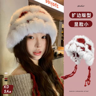 兔毛绒帽子女秋冬可爱针织醒狮帽大头围显脸小百搭保暖护耳渔夫帽